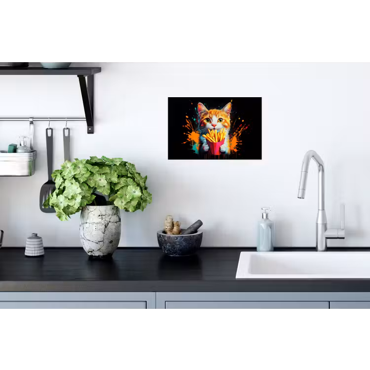 Kat - Eten - Patat - Graffiti - Abstract Muursticker klein -keuken