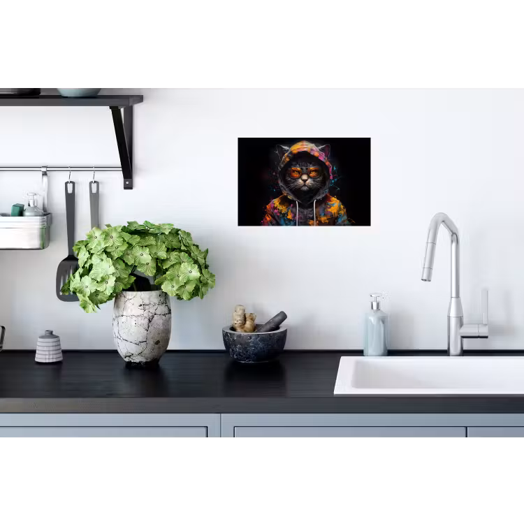 Kat - Jas - Graffiti - Bril - Zwart Muursticker klein -keuken