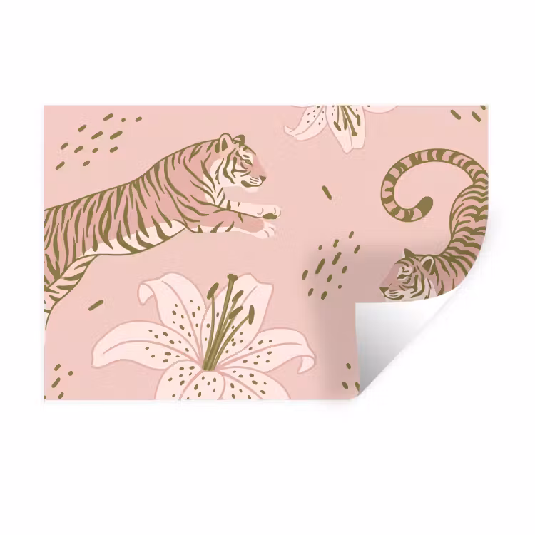 Kat - Springend - Bloemen - Abstract - Roze Muursticker klein -3d