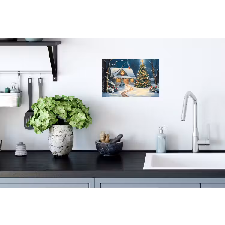 Kerst - Kerstboom - Winter - Huis - Sneeuw Muursticker klein -keuken