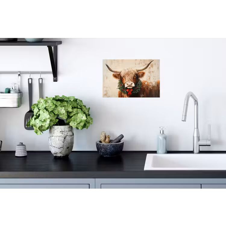 Kerst - Schotse Hooglander - Bruin - Krans Muursticker klein -keuken
