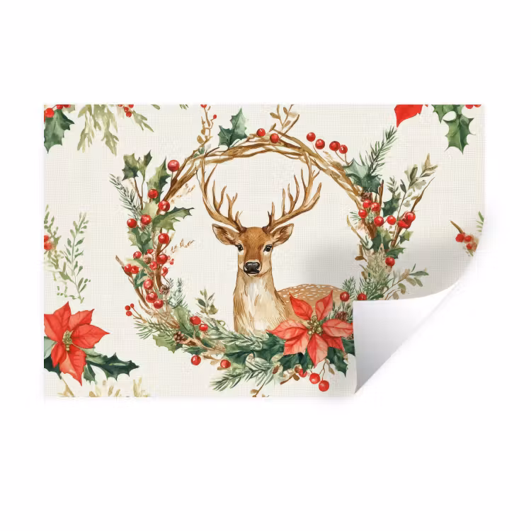 Kerstkrans - Hert - Hulst - Rood Muursticker klein -3d