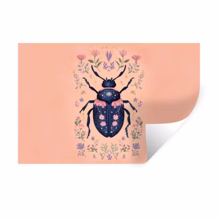Kever - Donkerblauw - Bloemen - Sierlijk Muursticker klein -3d