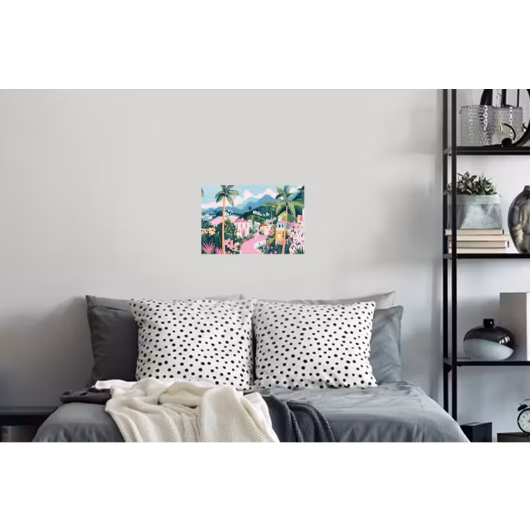 Kleurrijk - Huizen - Heuvels - Roze Muursticker klein -slaapkamer