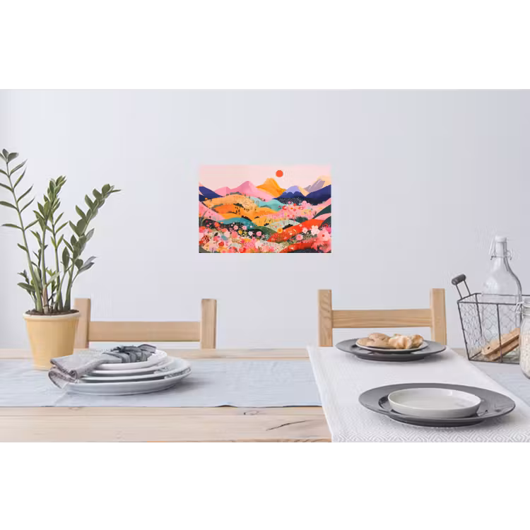 Kleurrijke bloemen - Bergen - Fantasielandschap Muursticker klein -eettafel