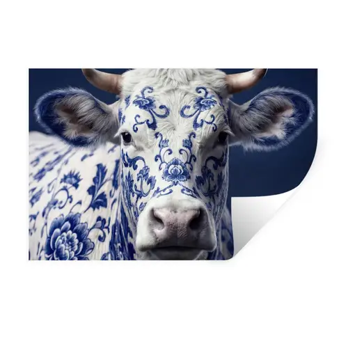Koe - Delfts - Blauw - Artistiek Muursticker klein -3d