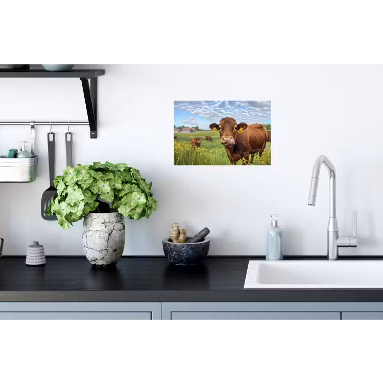 Koe - Weide - Bloemen Muursticker klein -keuken