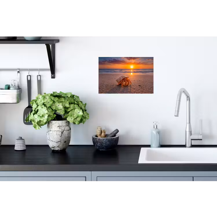 Kreeft - Strand - Natuur - Zonsondergang - Oranje Muursticker klein -keuken