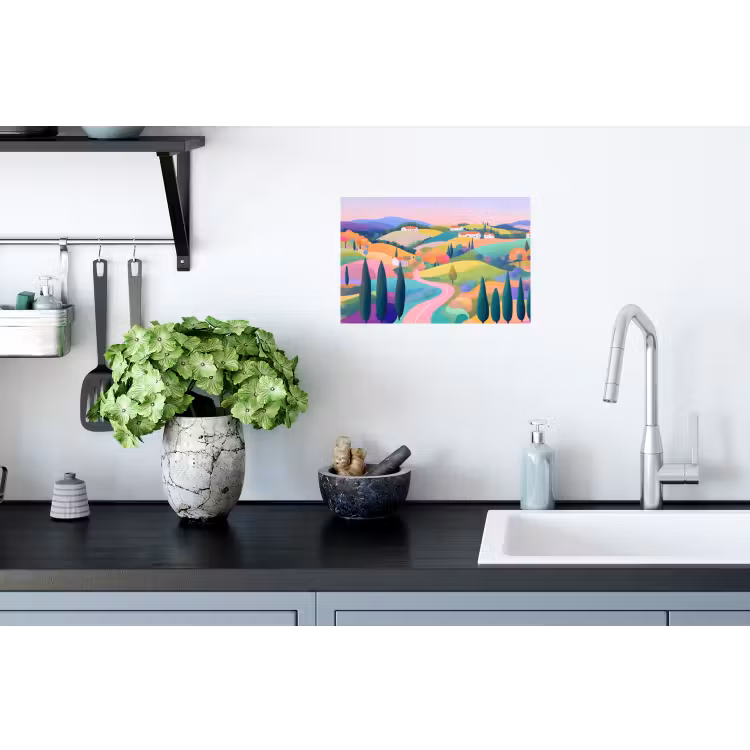 Landschap - Paars - Pastel - Huizen Muursticker klein -keuken