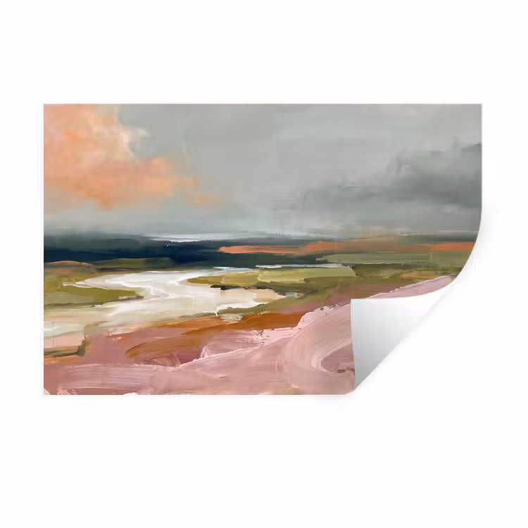 Landschap - Rivier - Abstract - Roze - Groen Muursticker klein -3d