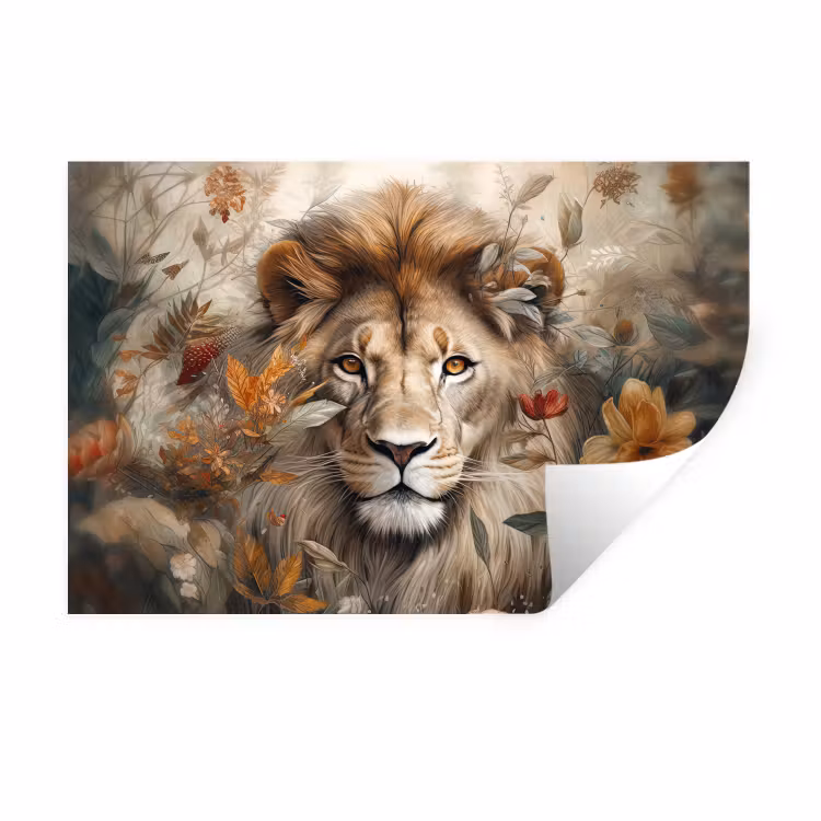 Leeuw - Wilde dieren - Planten - Natuur - Bloemen Muursticker klein -3d