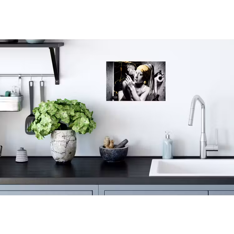 Marmerlook - Meisje met de parel - Sigaretten - Toilet - Goud - Kunst - Oude meesters Muursticker klein -keuken