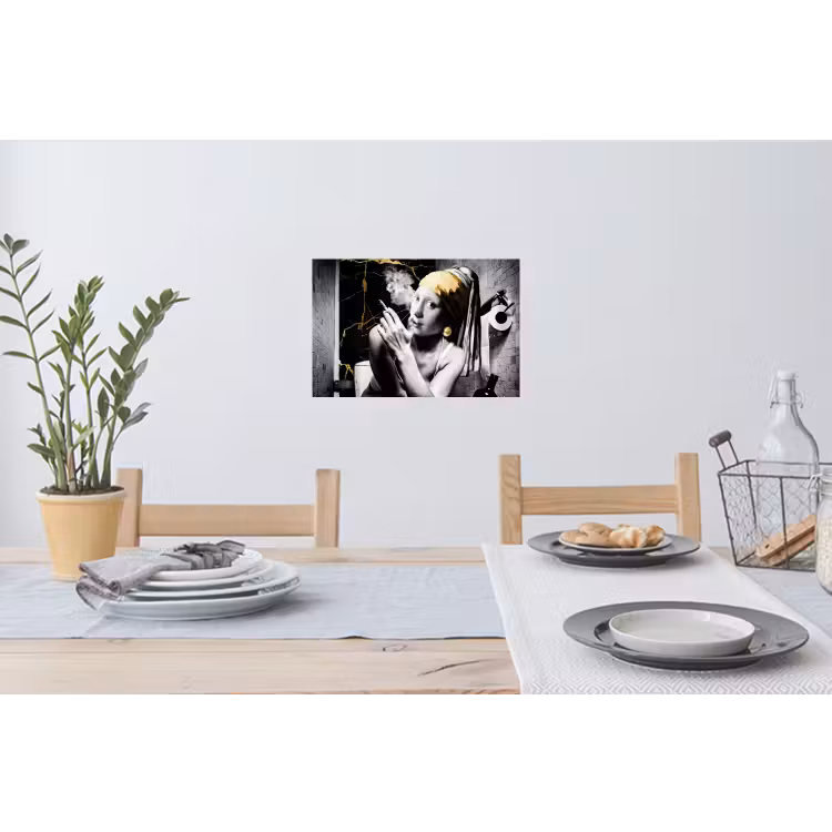 Marmerlook - Meisje met de parel - Sigaretten - Toilet - Goud - Kunst - Oude meesters Muursticker klein -eettafel