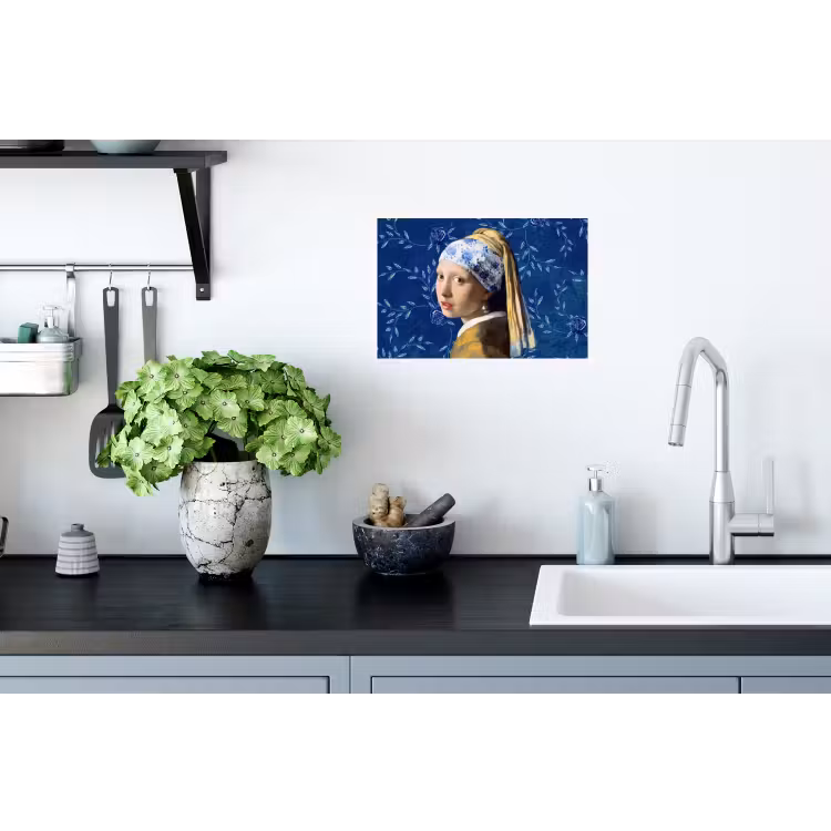 Meisje met de parel - Delfts blauw - Vermeer - Bloemen - Schilderij - Oude meesters Muursticker klein -keuken