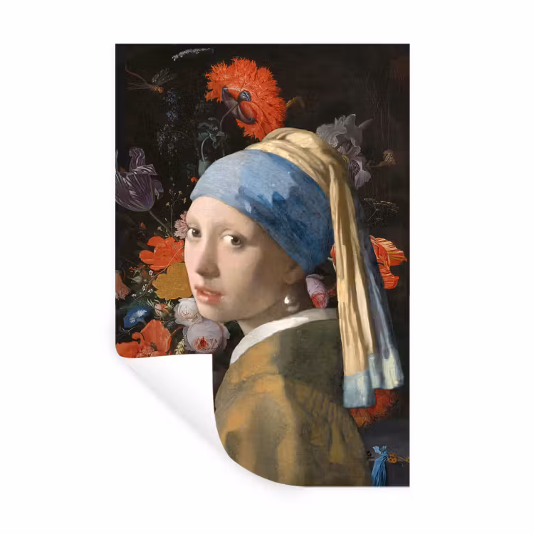 Meisje met de parel - Johannes Vermeer - Bloemen Muursticker klein -3d