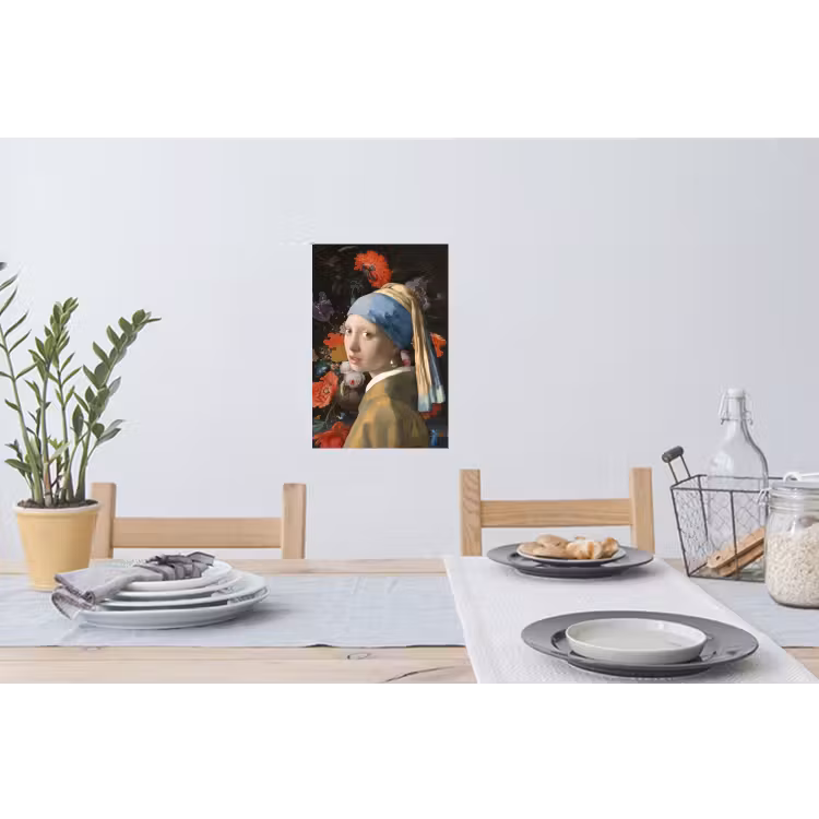 Meisje met de parel - Johannes Vermeer - Bloemen Muursticker klein -eettafel