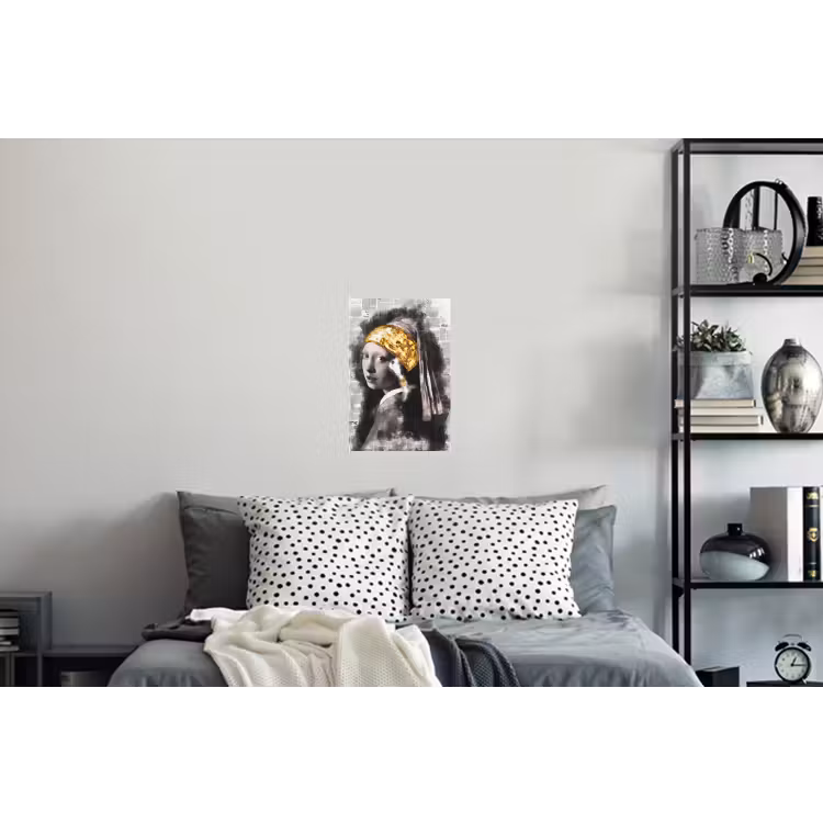 Meisje met de parel - Johannes Vermeer - Krant - Goud Muursticker klein -slaapkamer