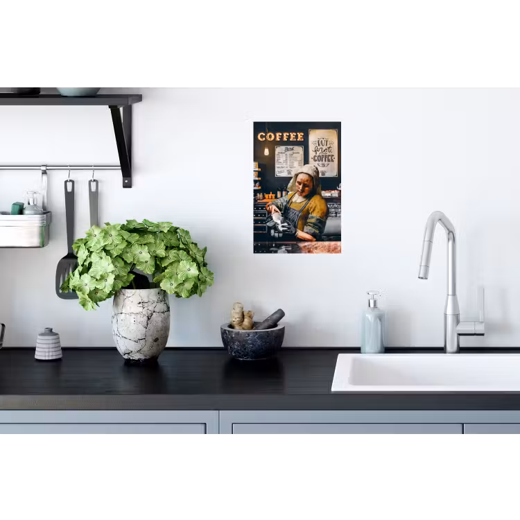 Melkmeisje - Barista - Koffie - Vintage - Kunst - Abstract - Schilderij - Oude meesters Muursticker klein -keuken