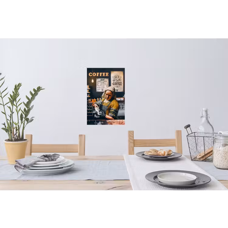 Melkmeisje - Barista - Koffie - Vintage - Kunst - Abstract - Schilderij - Oude meesters Muursticker klein -eettafel