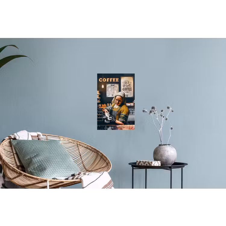 Melkmeisje - Barista - Koffie - Vintage - Kunst - Abstract - Schilderij - Oude meesters Muursticker klein -plant
