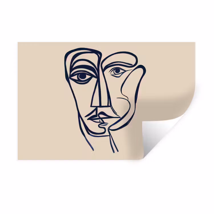 Minimalistisch - Lijnillustratie - Beige - Donkerblauw Muursticker klein -3d