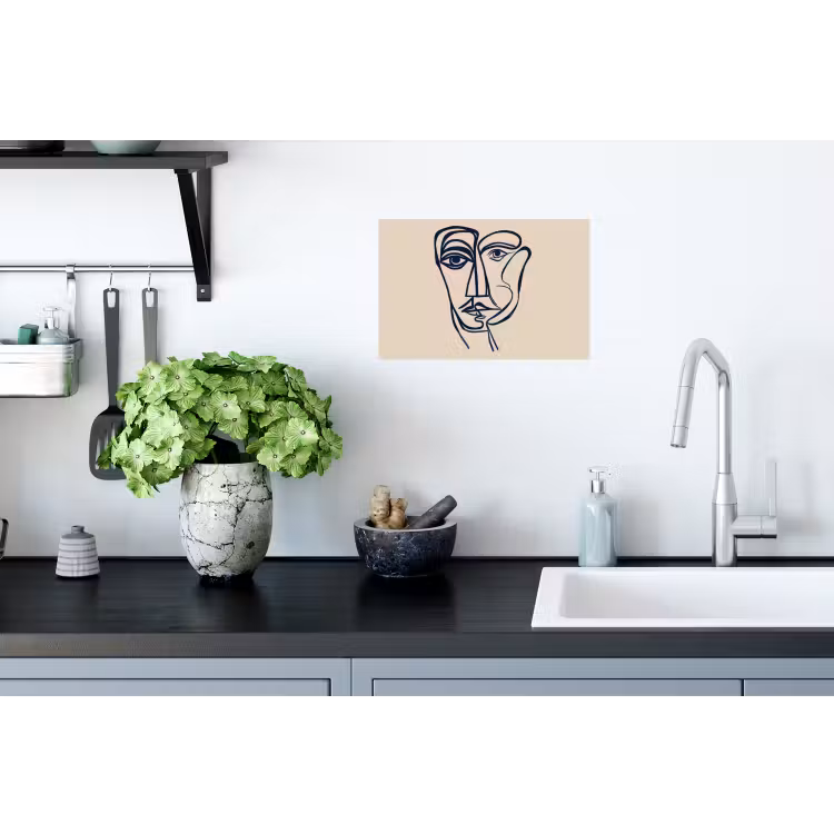 Minimalistisch - Lijnillustratie - Beige - Donkerblauw Muursticker klein -keuken