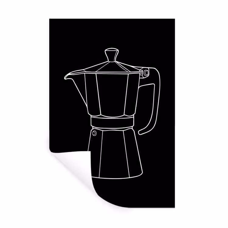 Mokkapot - Zwart - Wit - Lijntekening Muursticker klein -3d