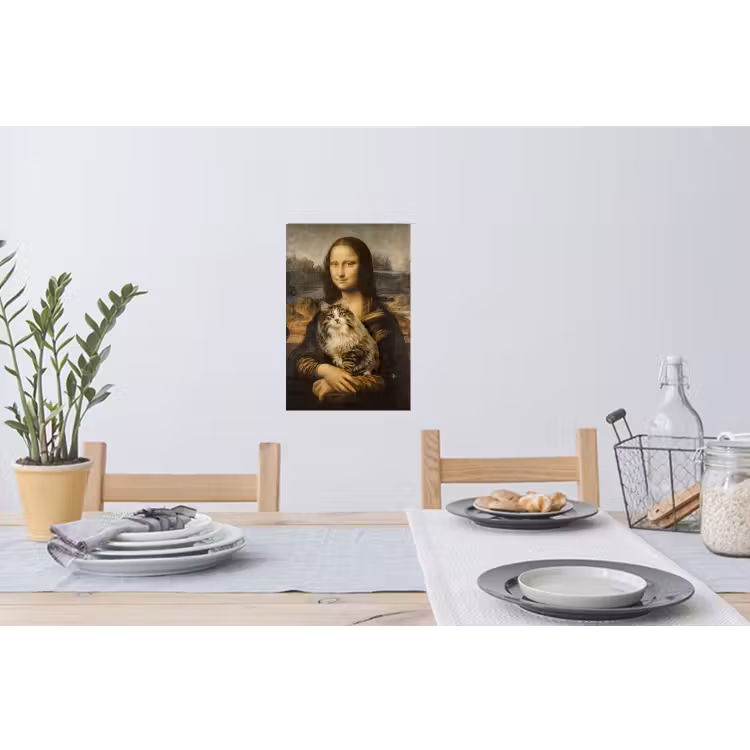 Mona Lisa - Kat - Leonardo da Vinci - Vintage - Kunstwerk - Oude meesters - Schilderij Muursticker klein -eettafel