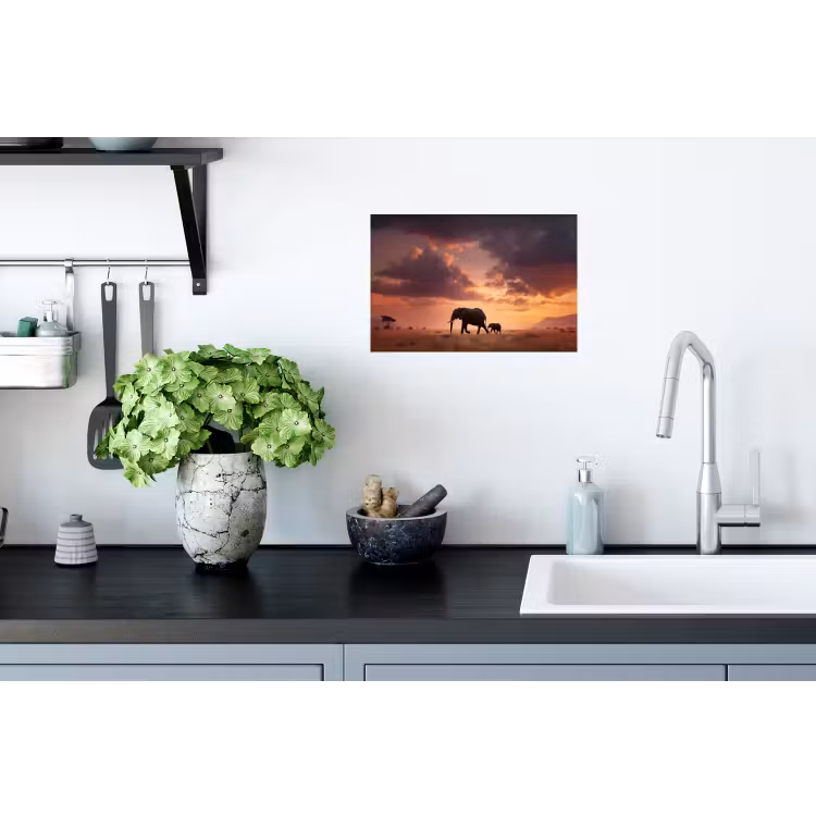 Olifanten - Grasland - Zonsondergang Muursticker klein -keuken