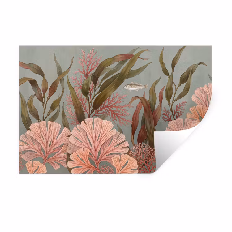 Onderwater - Planten - Vis - Vintage - Groen Muursticker klein -3d
