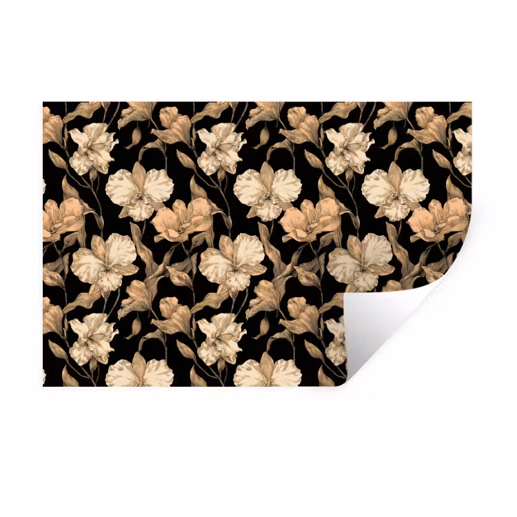 Orchideeën - Lijntekening - Patroon - Beige - Zwart Muursticker klein 286 -3d
