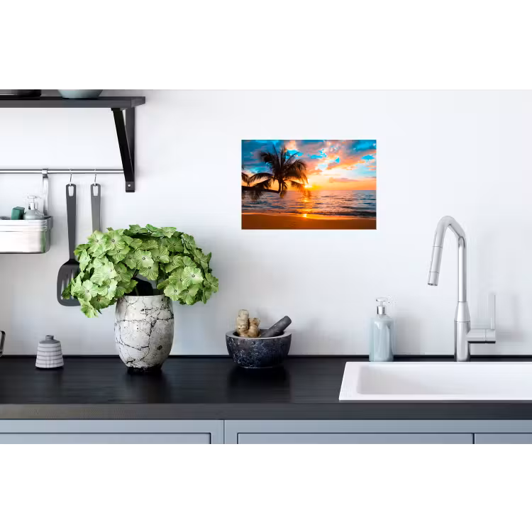 Palme - Sonnenuntergang - Horizont - Strand - Meer - Tropisch Muursticker klein -keuken