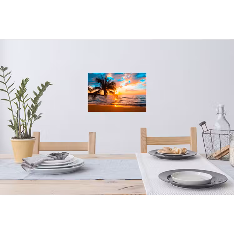 Palme - Sonnenuntergang - Horizont - Strand - Meer - Tropisch Muursticker klein -eettafel