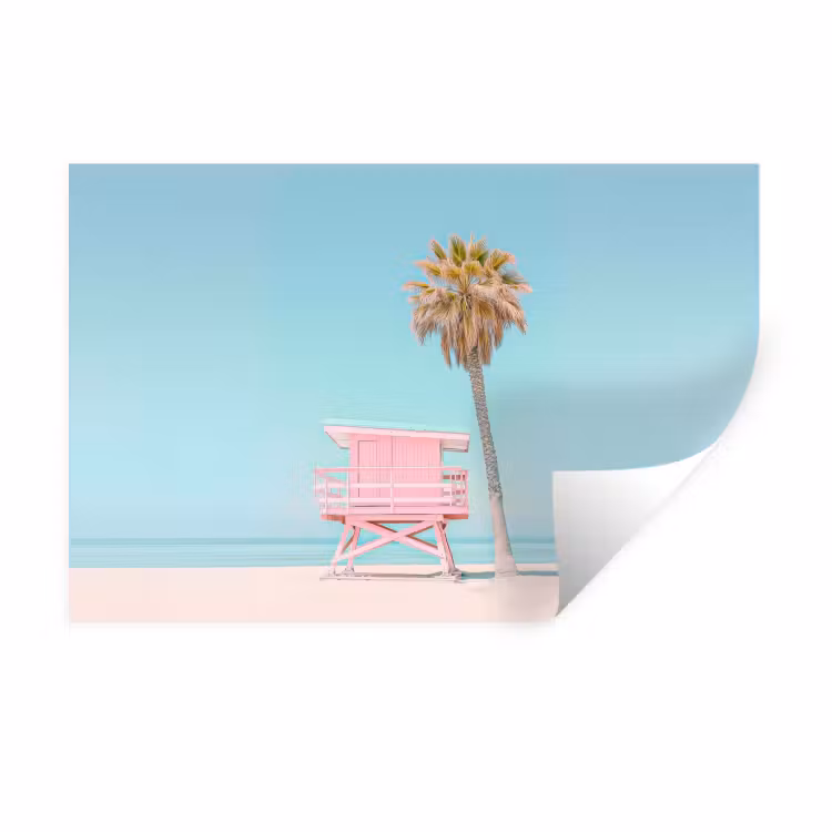 Palmboom - Strandhuis - Roze Muursticker klein -3d