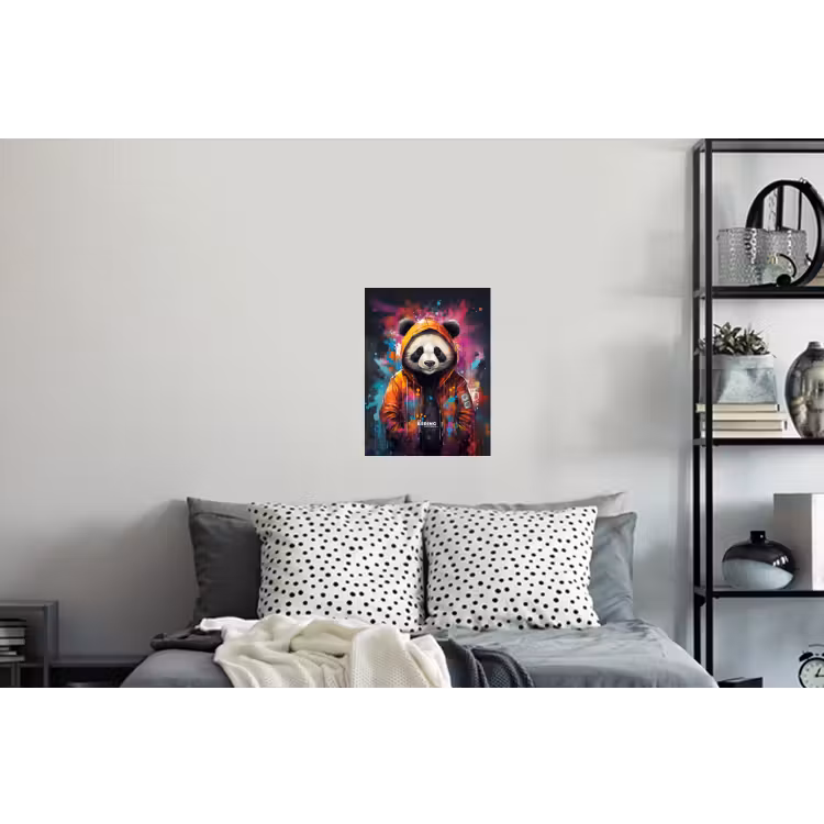Panda met oranje jas en verfspetters Muursticker klein -slaapkamer