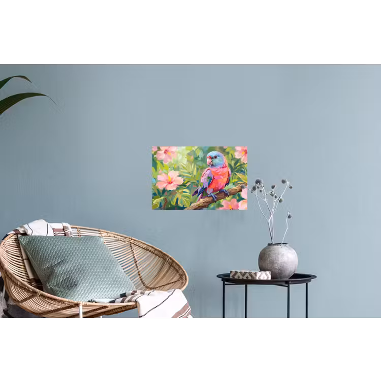 Papagaai - Hibiscusbloemen - Kleurrijk Muursticker klein -plant