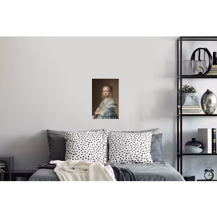 Portret van een meisje in het blauw - Schilderij van Johannes Cornelisz. Verspronck Muursticker klein -slaapkamer