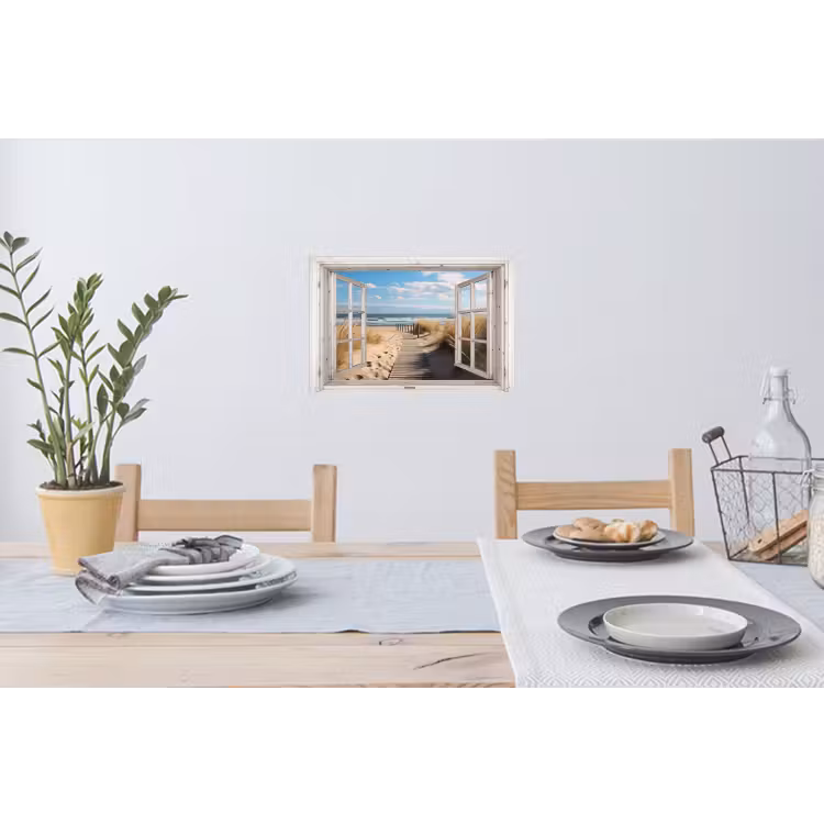 Raam - Zee - Kust - Natuur - Doorkijk - Strand - Waddenzee Muursticker klein -eettafel
