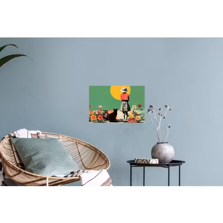 Retro - Meisje - Kat - Zon Muursticker klein -plant