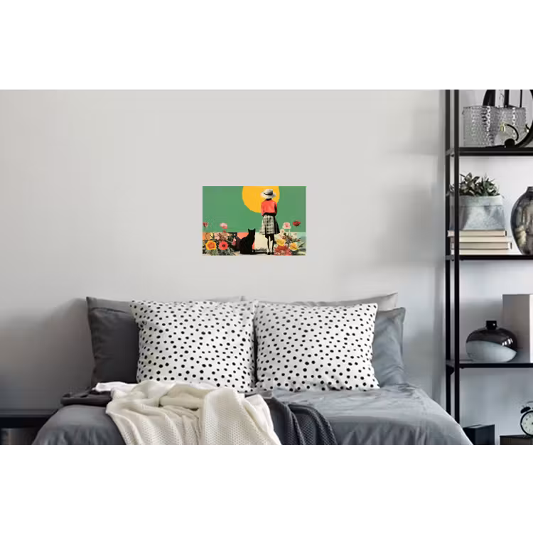 Retro - Meisje - Kat - Zon Muursticker klein -slaapkamer