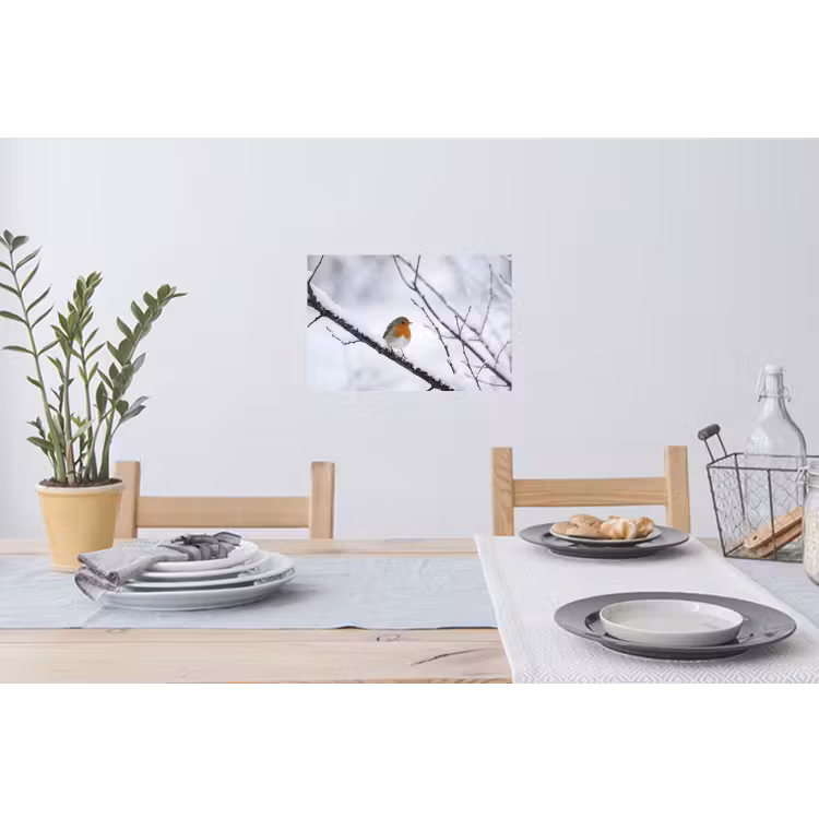 Roodborstje - Tak - Sneeuw - Winter - Levendig Muursticker klein -eettafel