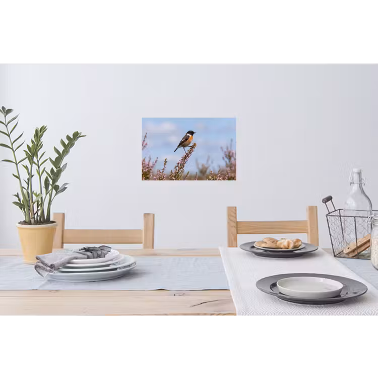Roodborsttapuit - Heide - Paars - Natuur - Sfeervol Muursticker klein -eettafel