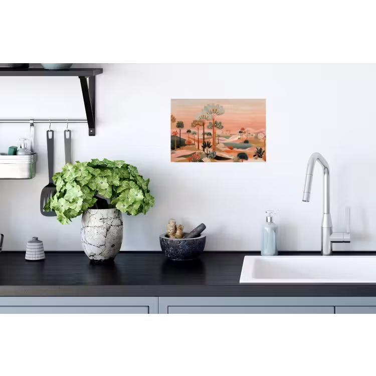 Roze landschap - Palmen - Water Muursticker klein -keuken