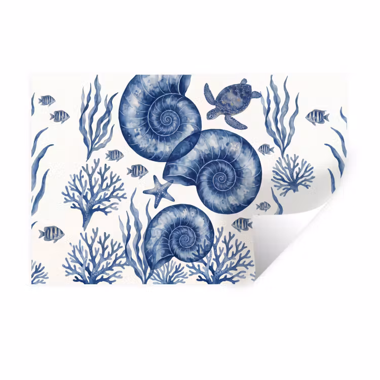 Schelp - Spiraal - Zeeleven - Aquarel - Blauw Muursticker klein -3d