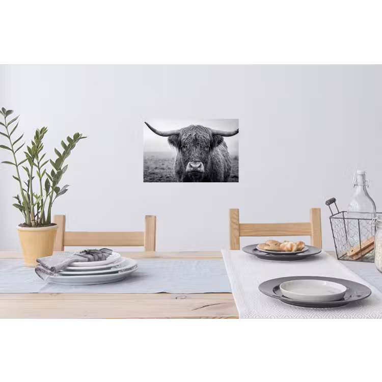 Schotse hooglander - Zwart - Wit - Gras Muursticker klein -eettafel