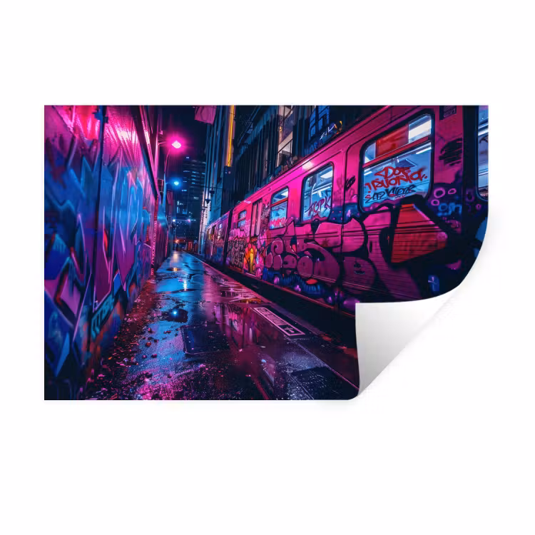 Stad - Neon - Nacht - Roze - Graffiti Muursticker klein -3d