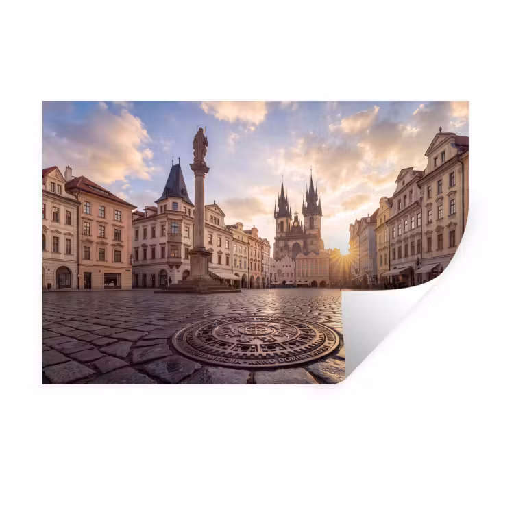 Stad - Praag - Ochtend - Architectuur - Goud Muursticker klein -3d