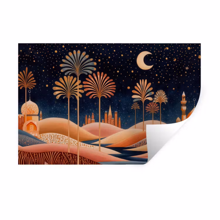 Sterrenhemel - Palmen - Rivier Muursticker klein -3d