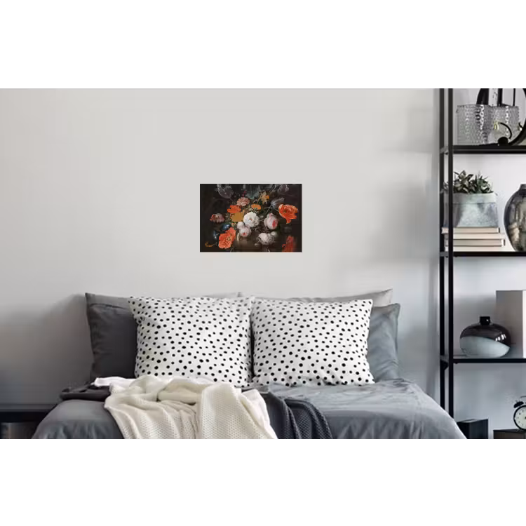 Stilleven met bloemen en een horloge - Schilderij van Abraham Mignon Muursticker klein -slaapkamer