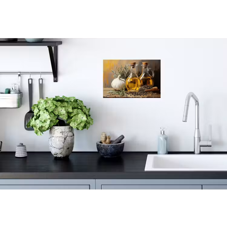 Stilleven - Olijfolie - Knoflook - Kruiden Muursticker klein -keuken